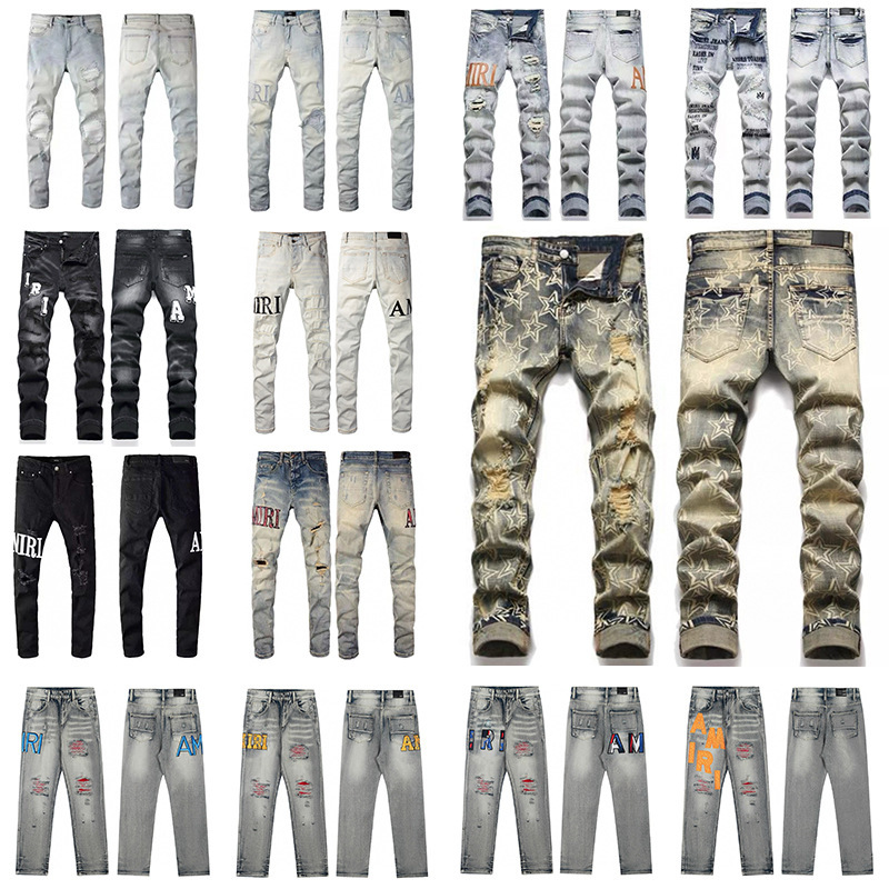 Amiri Jeans High-Quality American-Style High Street Ripped Patchwork Washed Vintage Embroidered Straight Slim-Fit Jeans Amiri Jeans High-Quality American-Style High Street Ripped Patchwork Washed Vintage Embroidered Straight Slim-Fit Jeans
