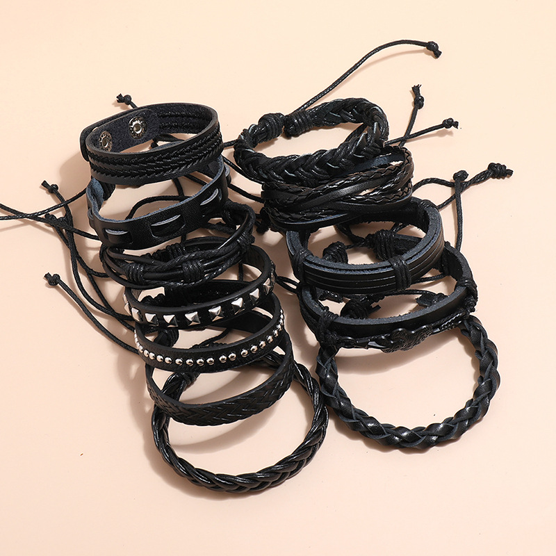 punk style multi-layer woven leather bracelet 12-piece set