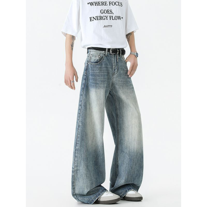 Mingge | American High Street Tide Brand Old Scimitar Jeans Men's Loose Wide Leg Micro-shaped Blue Long Pants Mingge | American High Street Tide Brand Old Scimitar Jeans Men's Loose Wide Leg Micro-shaped Blue Long Pants