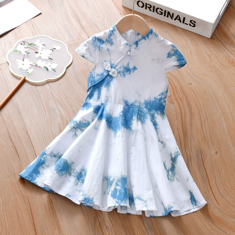 Girls' Dress Children's Blue-Dyed Hanfu White Dress Summer Children's Clothing Ancient Costume Yunnan Handmade Plant Tie-Dye Princess Dress