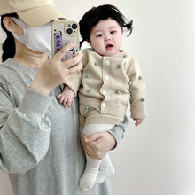韩版婴儿2024秋季新款女童针织开衫毛衣外套+背带裤套装包屁哈衣