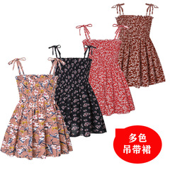 European and American summer new girls' dress, girls' baby printed spaghetti strap dress, children's flower beach princess dress