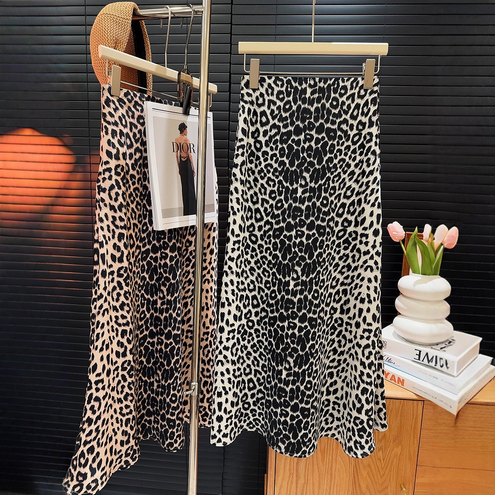 美式复古醋酸缎面豹纹包臀鱼尾裙夏季新款小众高腰抽绳垂感半身裙