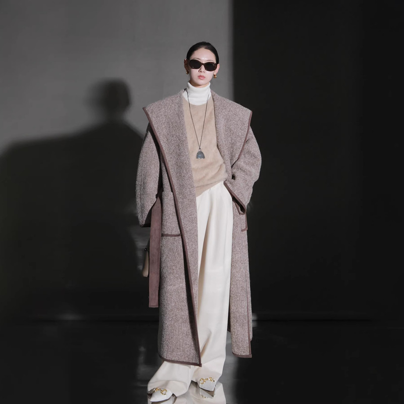 French-Style Lazy Alpaca Wool Hooded Cape Double-Sided Wool Coat Buttonless Bathrobe Long Wool Coat for Women French-Style Lazy Alpaca Wool Hooded Cape Double-Sided Wool Coat Buttonless Bathrobe Long Wool Coat for Women