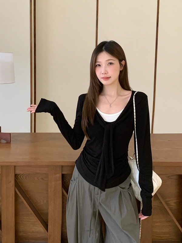 实拍 大码秋季新款韩系撞色绑带假两件T恤褶皱收腰显瘦遮肉上衣|undefined