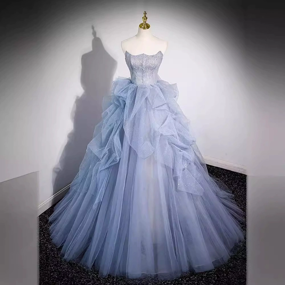 Вечернее платье для женщин Haze blue ball gown, плечи открыты, стиль пианино, многослойная сетка