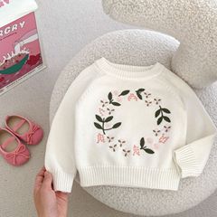 ins 2023 autumn new Internet celebrity style baby girl infant children round neck sweater flower embroidered pullover top