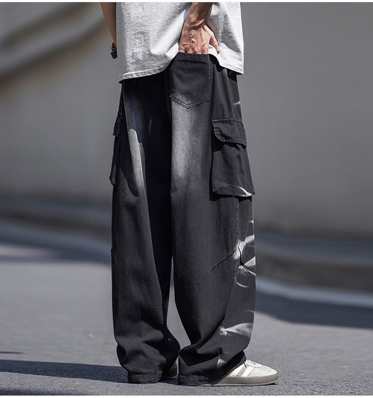 Men's Vintage Light Blue Jeans Retro High Street Hip Hop Design With Pockets Relaxed Straight Leg_mkmklike.com