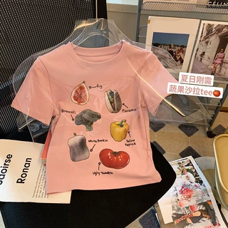 粉色短袖T恤女2023夏季新品修身百搭印花休闲甜辣妹弹性短款上衣