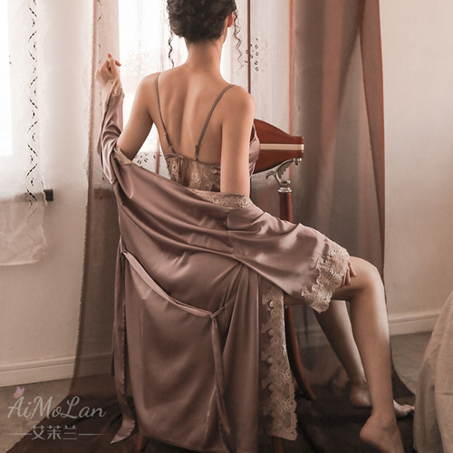 Sexy Pajamas Women Summer Ice Silk Suspender Nightgown New Long Nightgown Sentimental Lace Temptation Bathrobe 122#
