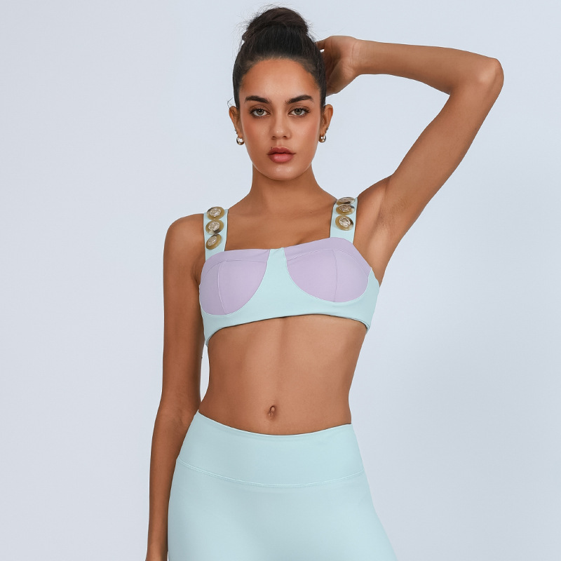 Chaleco de yoga color de contraste para mujer con almohadillas para el pecho, blusa deportiva, hebilla de alta calidad desnuda, correa ancha para el hombro, sujetador de fitness envuelto en el pecho para mujer