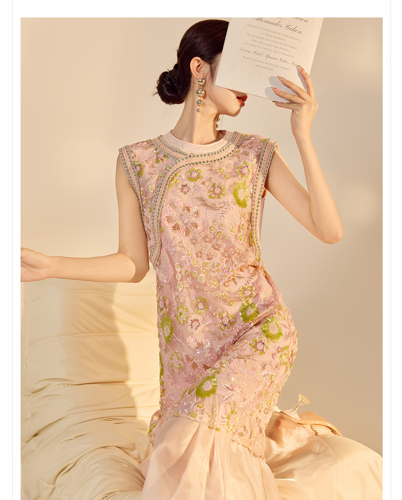 Váy sườn xám maxi thêu sequin phong cách Trung Quốc mới mùa hè N5042 — hồng, Xanh lam sông băng chi tiết 22