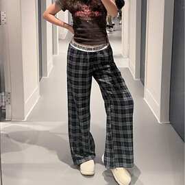 2025秋季美式复古字母腰头格纹裤男女宽松休闲拖地直筒长裤