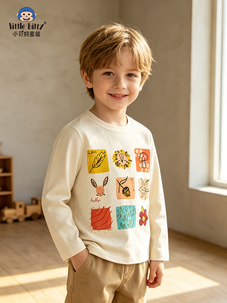 Cross-border supply 2026 children's long-sleeve T-shirt with cartoon plaid animal print, round neck, for boys and girls