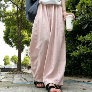 粉色气球阔腿裤女夏薄款高腰宽松慵懒休闲裤小个子休闲棉麻弯刀裤