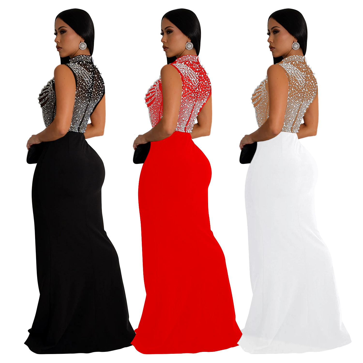 C6913 Aliexpress transfronterizo amazon ropa de moda europea y americana de color sólido malla de diamante vestido sin mangas image 6