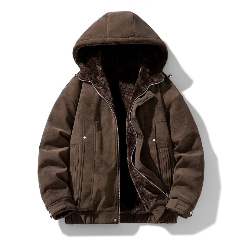 Suede Hooded Workwear Cotton Jacket Winter Men's Reversible Rabbit Fur Jacket with Added Fleece for Warmth Suede Hooded Workwear Cotton Jacket Winter Men's Reversible Rabbit Fur Jacket with Added Fleece for Warmth