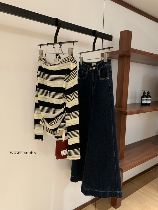 WGWE秋季韩系简约风条纹百搭显瘦挂脖绑带一字领长袖T恤女W7048|undefined