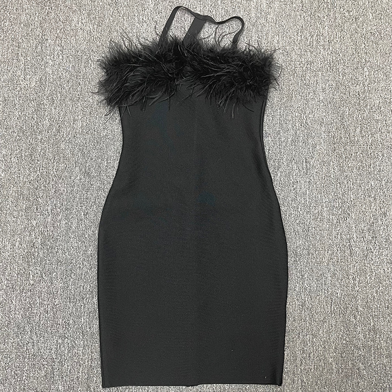 Sensational Halter Neck Feather Trim Bodycon Dress - Deep V Backless Cocktail Dress With Contrast Panel Design_ecoleips.com