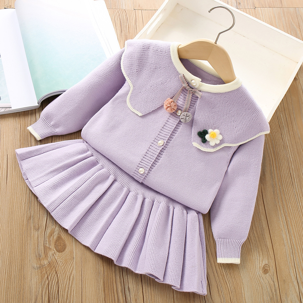 Κοριτσίστικο Πουλόβερ 2023 Φθινόπωρο Νέο Μοντέρνο Κορεάτικο Μονόχρωμο Πλεκτό Φούστα με Μεγάλο Γιακά, Σετ Δύο Τεμαχίων_voghion.com