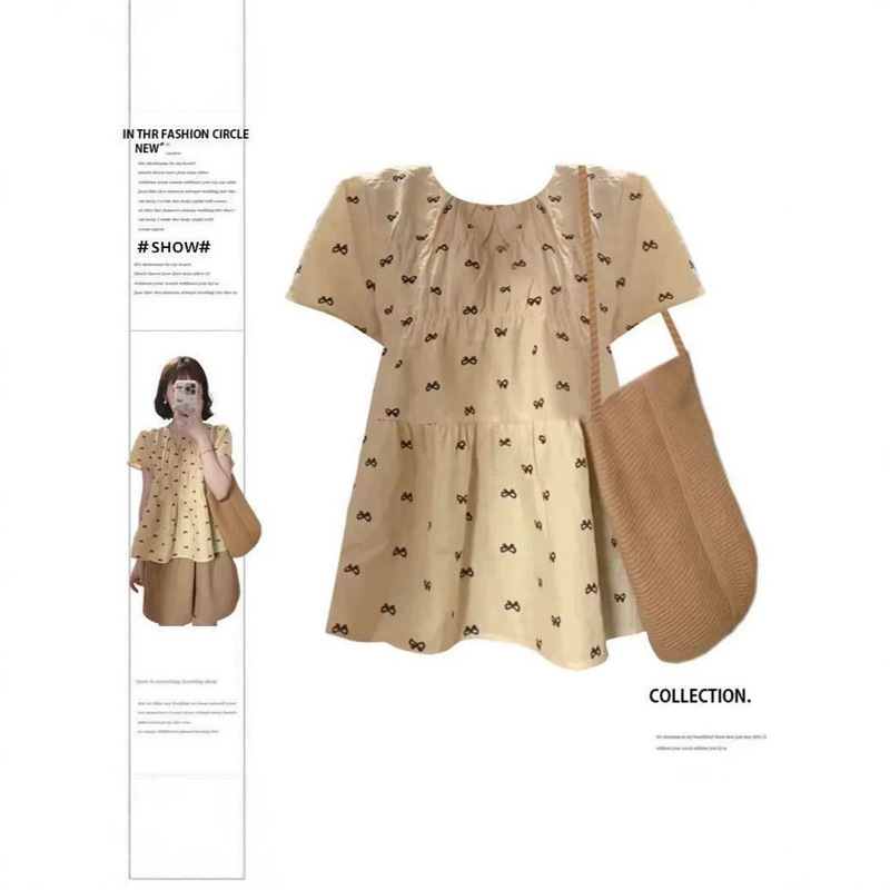 Gentle bow print pleated short-sleeve shirt for women, summer wear, sweet and youthful doll shirt with puff sleeves, loose top