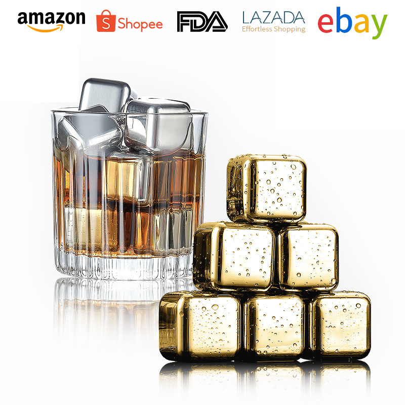 304 Food-Grade Stainless Steel Ice Cubes, Quick-Freezing Golden Whiskey Beer Ice Cubes, Eight Pieces + Ice Tongs Set