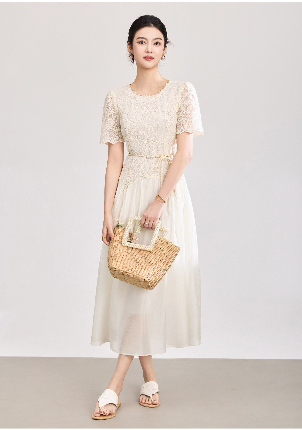 Đầm nữ tay ngắn thêu sequin cotton, thắt lưng eo phong cách Pháp — màu mơ chi tiết 4