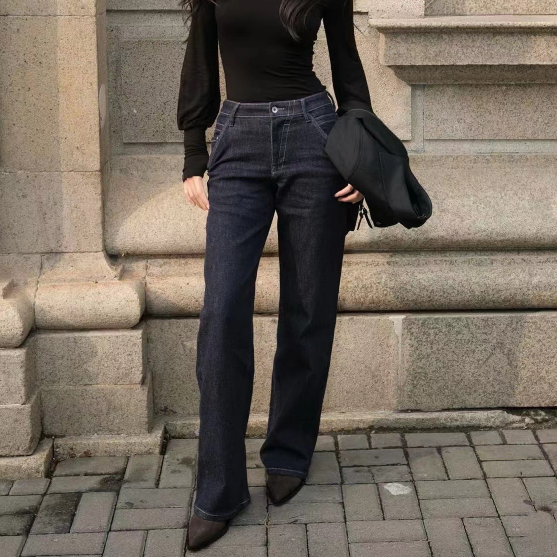 틈새 A2 빈티지 오리지널 컬러 타닌 세척 스트레이트 레그 청바지 여성용 슈퍼 레그 롱 미드 하이 웨이스트 올 매치 아메리칸 스타일 바지