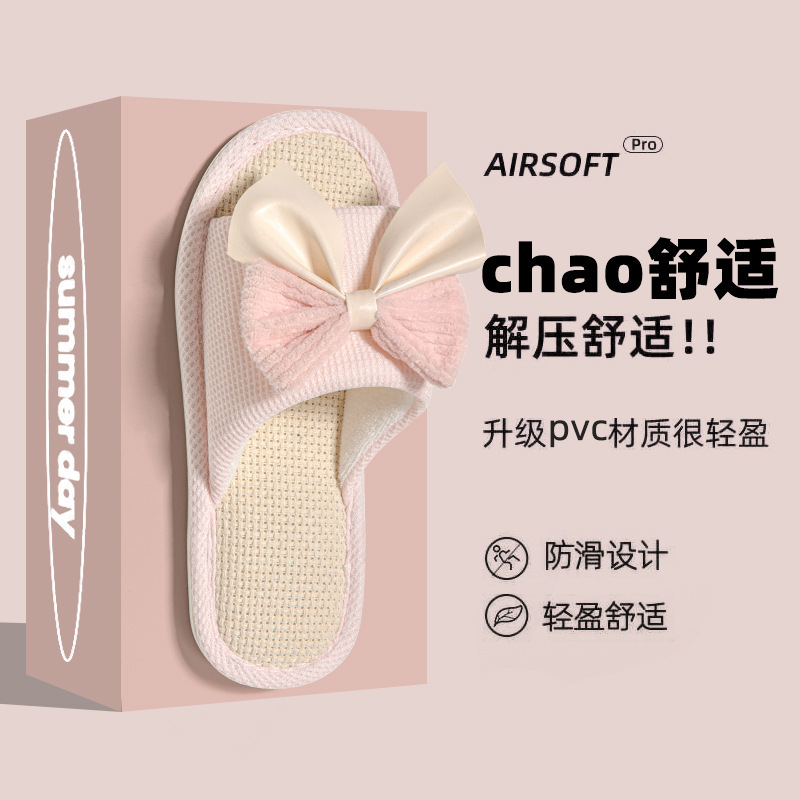 Bow women linen slippers new four seasons indoor floor non-slip cotton linen slippers ladies wholesale