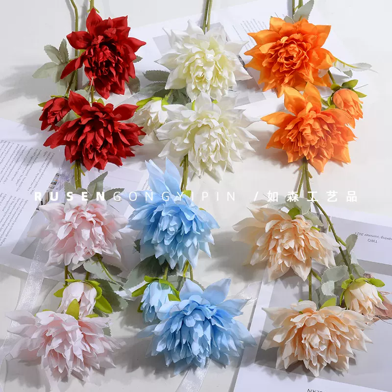 仿真3头大丽花 家居婚庆装饰路引大丽菊仿真花绢花 厂家直供批发