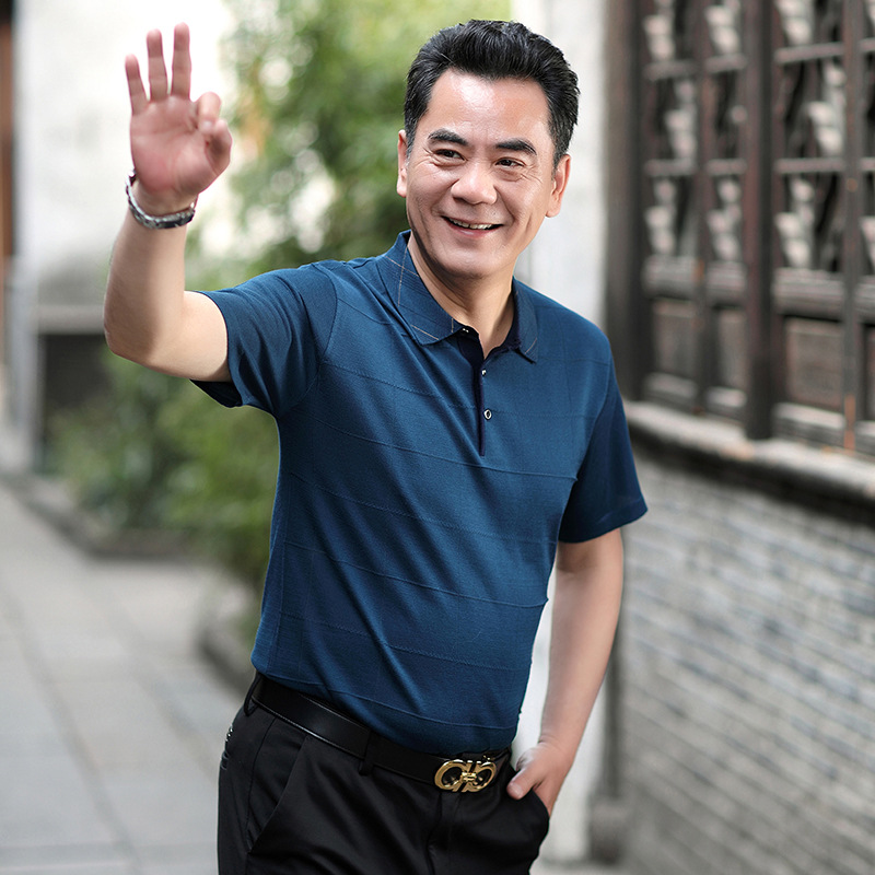 Camiseta de manga corta de seda de hielo de verano de papá camiseta de solapa de hombre de mediana edad suelta camisa de fondo de hombre de mediana edad y anciano