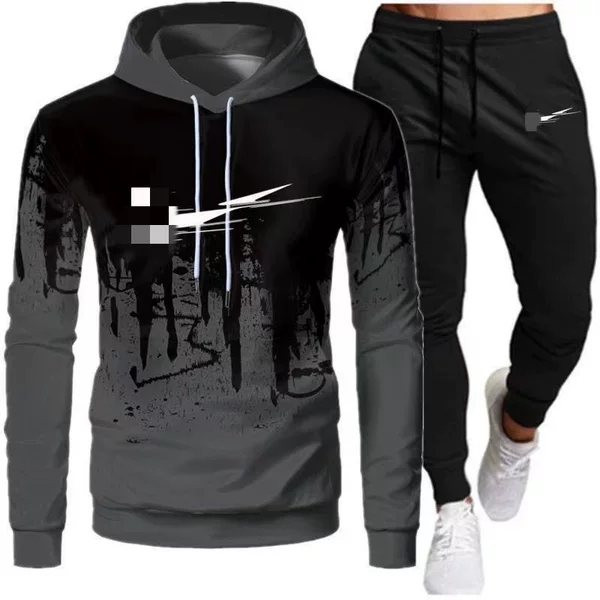 2025 New Autum Long-Sleeved Pants Jacket Trendyy Hooded Sports Casual Printed Suit Men's Manufacturer Ready Stock