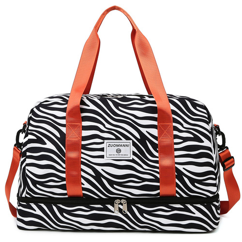 Large-capacity striped travel tote bag that can fit on top of a rolling suitcase, lightweight for women, suitable for business trips and travel, portable luggage storage bag