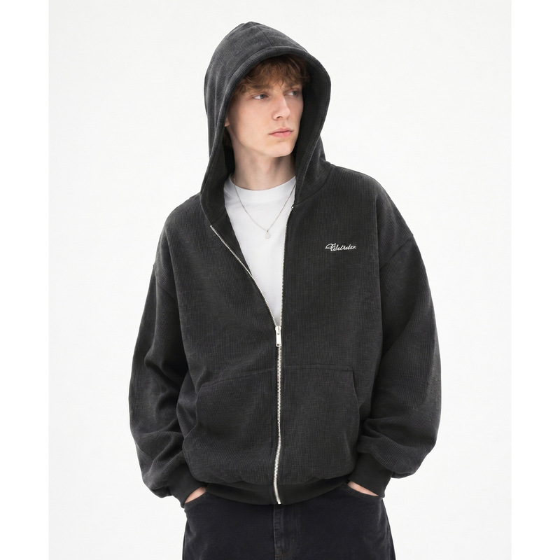 Imitation wool texture houndstooth pattern hooded sweatshirt for men, autumn style, trendy casual cardigan jacket, simple embroidered hoodie Imitation wool texture houndstooth pattern hooded sweatshirt for men, autumn style, trendy casual cardigan jacket, simple embroidered hoodie