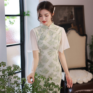 Chinese Dress Oriental Qipao For Women feifei sleeve in composite lace fairy long cheongsam dress is pure and fresh and the wind dress of the republic of China