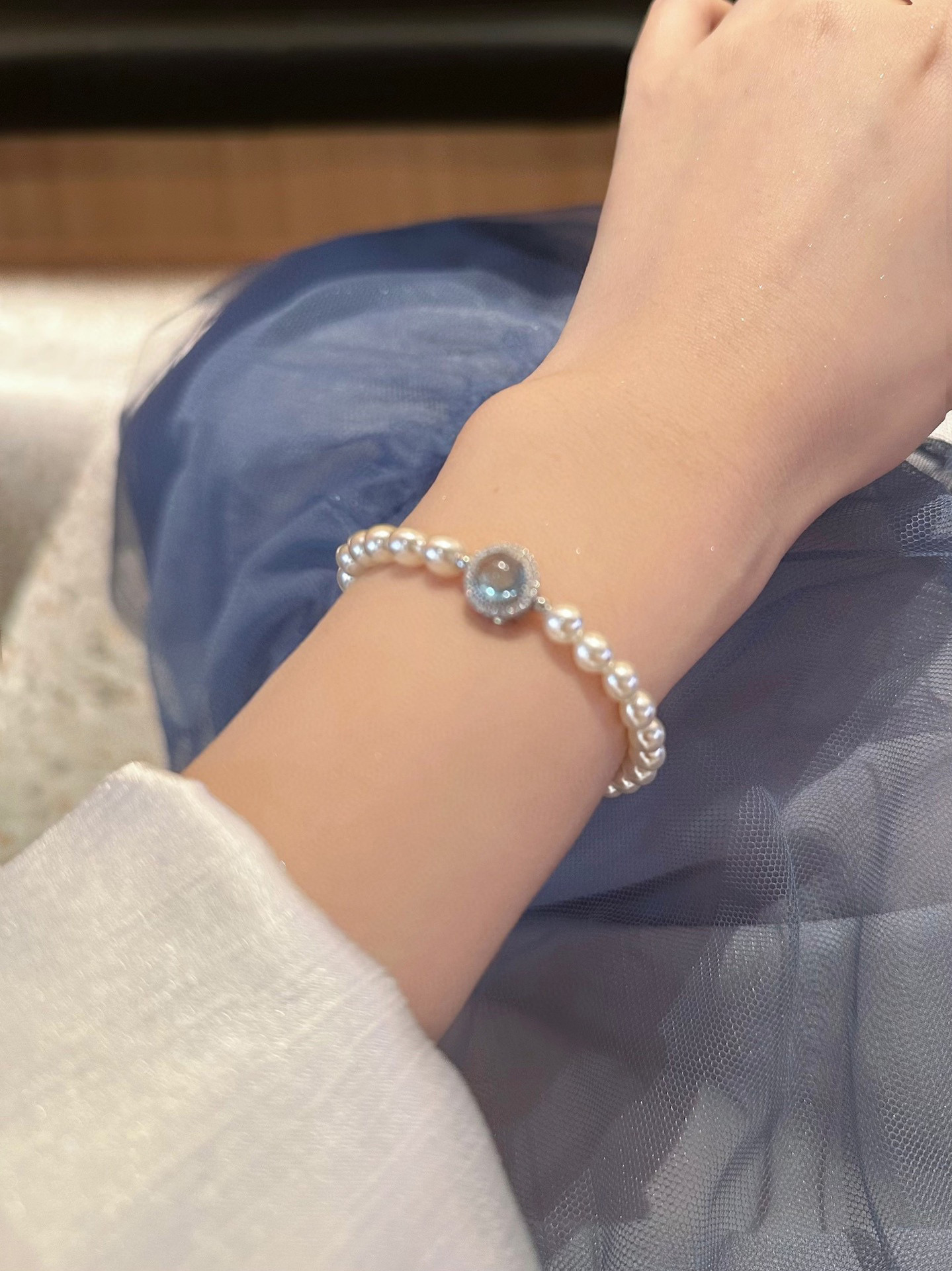 s925纯银手工编织海蓝宝手链ins轻奢简约天然