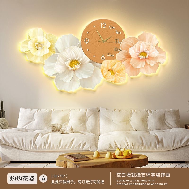 Cream viento sala de estar decoración pintura de fondo sofá colgar pintura de pared con reloj moderno minimalista floral LED pintura de lámpara luminosa