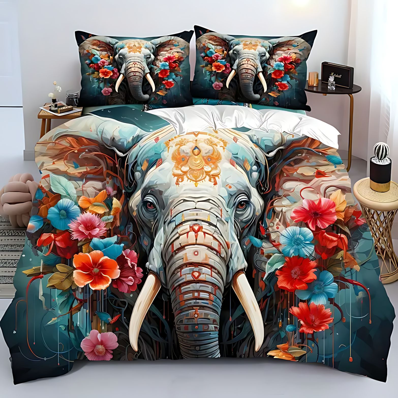 TEMU / JIT textiles domésticos transfronterizos elefante animal patrón de pelo abrasivo colcha de colcha de almohada conjunto de ropa de cama para dibujar