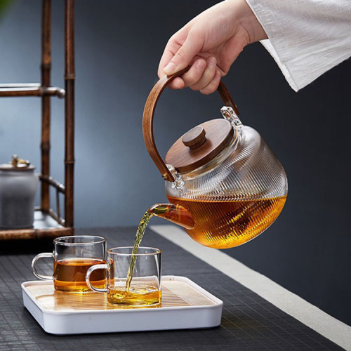 Japanese style walnut lid glass teapot double liner high borosilicate glass wooden handle handle teapot glass teapot