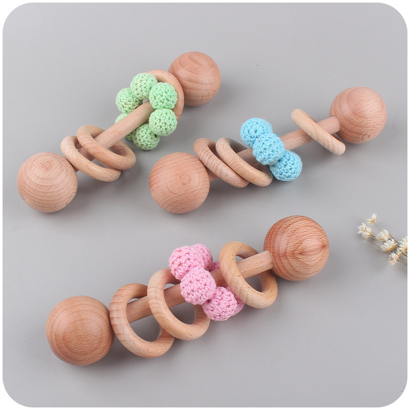 Nuevo bebé suministros Beech Rattle teether juguete calmante bebé bola de lana cuentas de madera pezón cadena traje