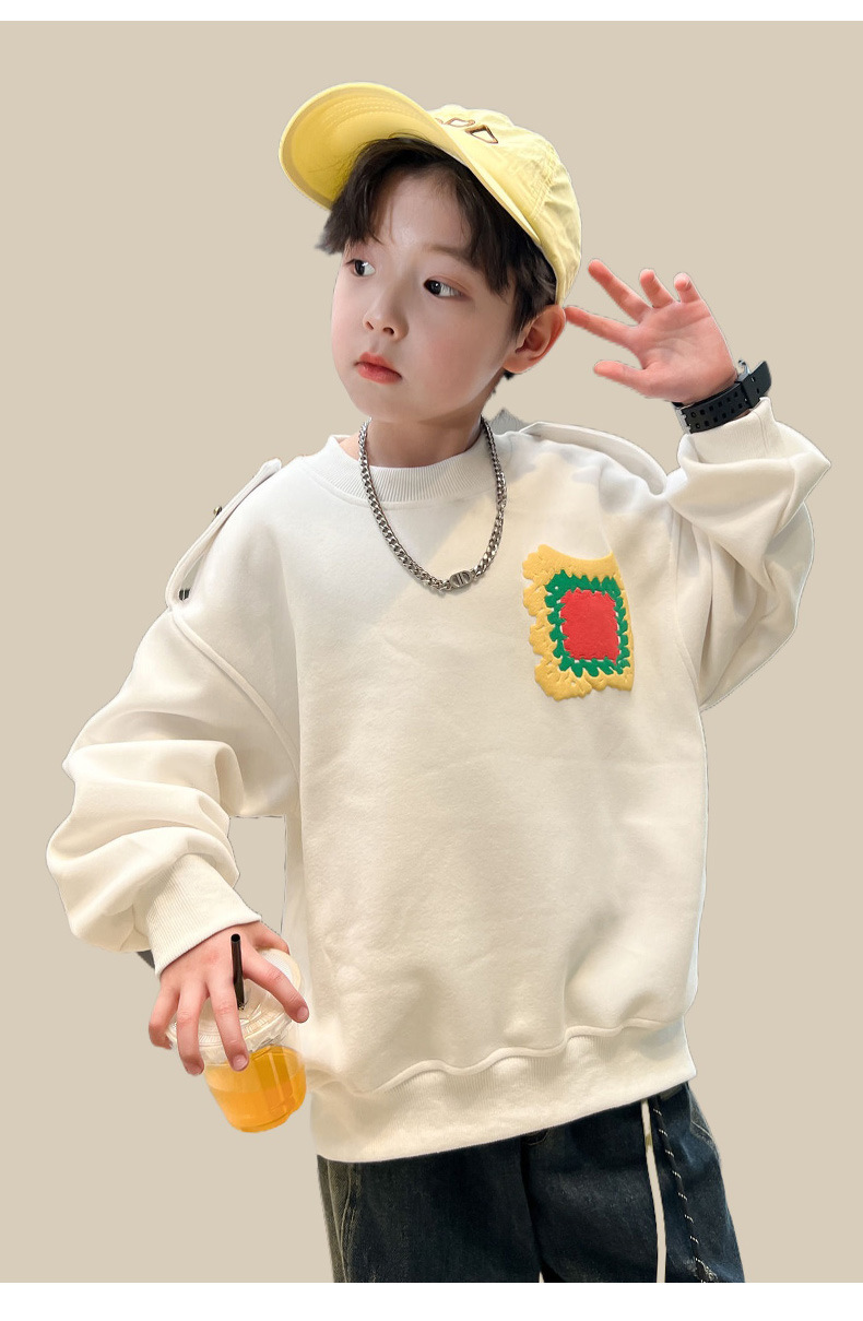 Detské oblečenie, chlapčenské oblečenie, biela mikina, jar a štýly, nové topy 2024, stredná až veľká detská jeseň_voghion.com