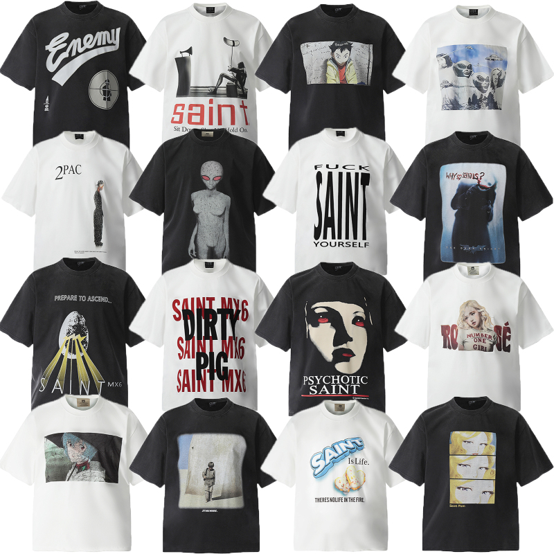 Saint Michael vintage Trendy Heavy Washed Vintage Loose Couples Short-sleeved T-shirt for Men and Women