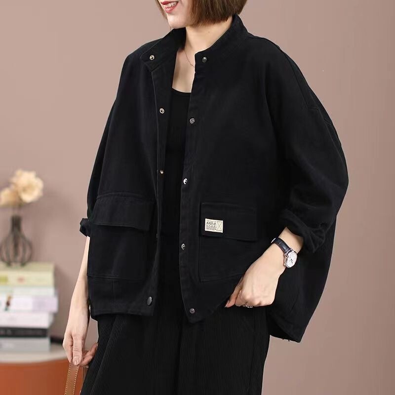 Women's cotton stand-up collar baseball jacket, workwear style, new short model for spring, autumn, and winter, plus-size, loose-fitting, buttoned jacket Women's cotton stand-up collar baseball jacket, workwear style, new short model for spring, autumn, and winter, plus-size, loose-fitting, buttoned jacket