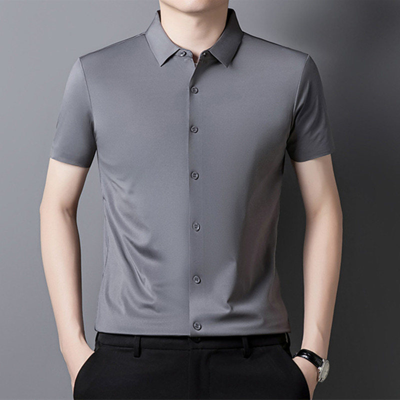 Men's Short-Sleeved Shirt with Seamless Edges, Casual Men's Wear, Solid Color Lapel, Summer Wear, Elastic Silky Half-Sleeved Shirt for Men Men's Short-Sleeved Shirt with Seamless Edges, Casual Men's Wear, Solid Color Lapel, Summer Wear, Elastic Silky Half-Sleeved Shirt for Men