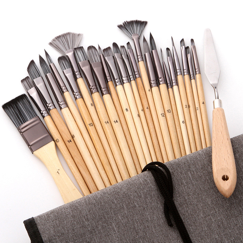 Transfronterizo nuevo gouache pintura acrílica pluma conjunto 24 piezas de lana de nylon pintura cepillo en forma de abanico de pintura al óleo de la pluma al por mayor