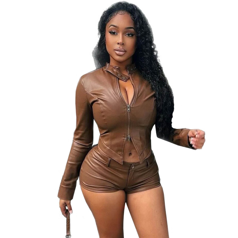 S2506 European and American Fashion Women's Leather Stand-Up Collar Two-Way Zipper Motorcycle Long-Sleeved Shorts Elastic Suit Ready for Sale S2506 European and American Fashion Women's Leather Stand-Up Collar Two-Way Zipper Motorcycle Long-Sleeved Shorts Elastic Suit Ready for Sale