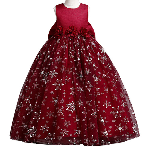 Girls' dress evening dress printed mesh puffy dress princess dress sweet host dress speech performance