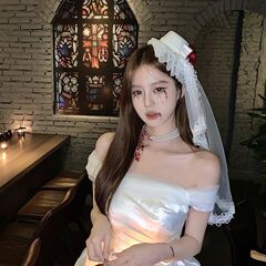 サタンの女 ~ バラのレースのベールの帽子のゴシックのハロウィンのcosは写真を撮ります。