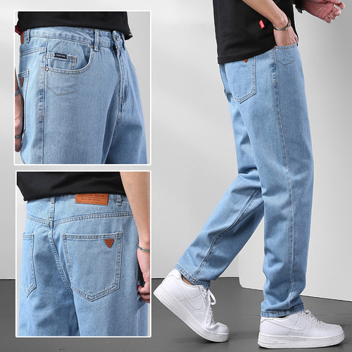 Light Blue American Retro Men's Fashion Brand Soft Loose Straight Leg High Street Workwear Casual Wide Leg Pants