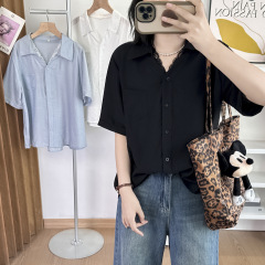 200斤胖妹妹夏季新款设计感蕾丝边V领短袖衬衫大码女休闲上衣7772